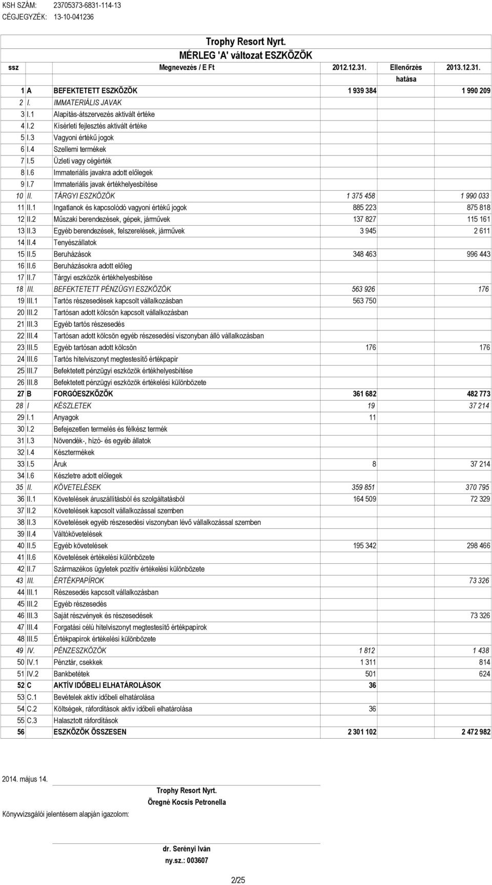 6 Immateriális javakra adott elılegek 9 I.7 Immateriális javak értékhelyesbítése 10 II. TÁRGYI ESZKÖZÖK 1 375 458 1 990 033 11 II.1 Ingatlanok és kapcsolódó vagyoni értékő jogok 885 223 875 818 12 II.