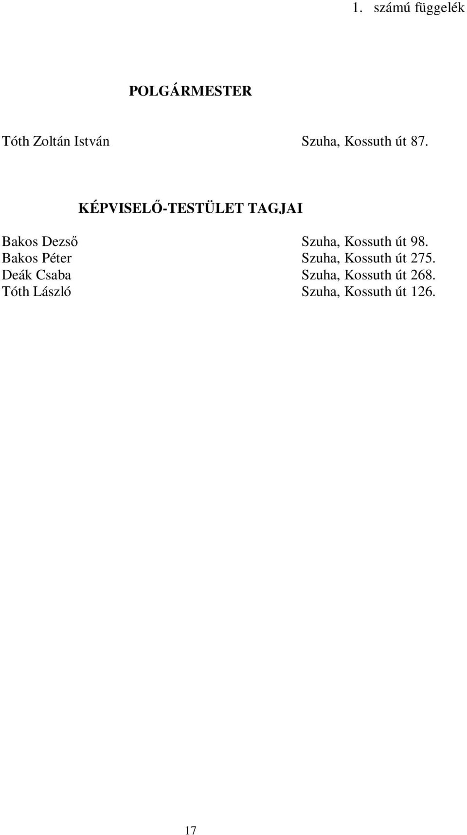 KÉPVISELŐ-TESTÜLET TAGJAI Bakos Dezső Szuha, Kossuth út 98.