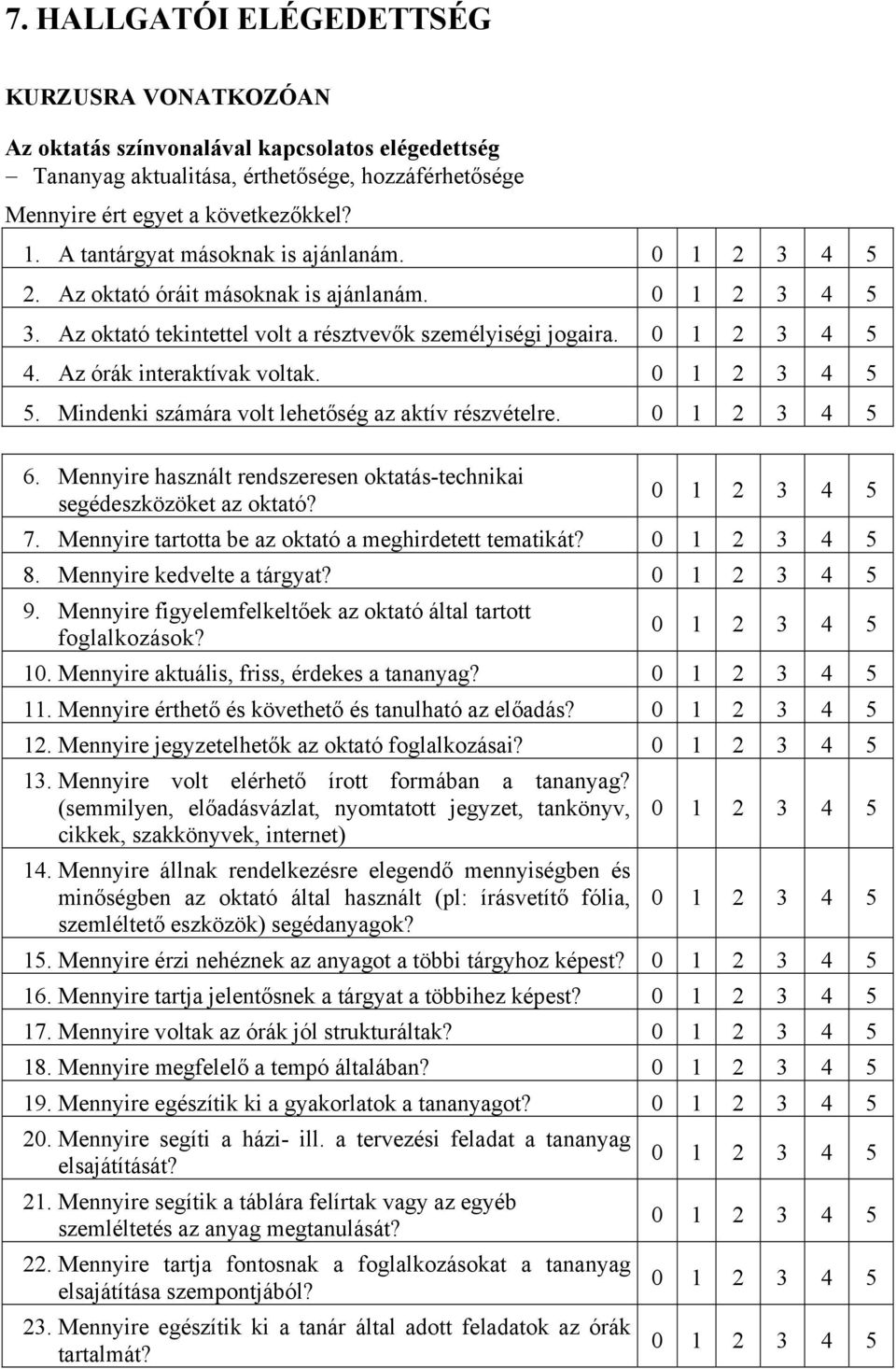 Mindenki számára volt lehetőség az aktív részvételre. 6. Mennyire használt rendszeresen oktatás-technikai segédeszközöket az oktató? 7. Mennyire tartotta be az oktató a meghirdetett tematikát? 8.