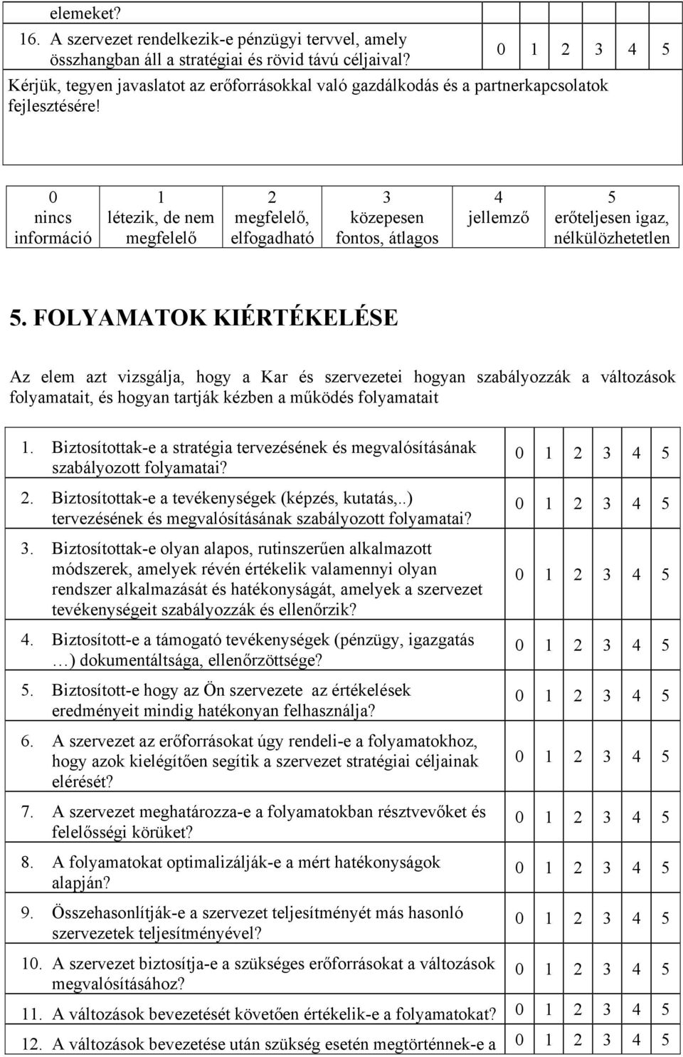 0 nincs információ 1 létezik, de nem megfelelő 2 megfelelő, elfogadható 3 közepesen fontos, átlagos 4 jellemző 5 erőteljesen igaz, nélkülözhetetlen 5.