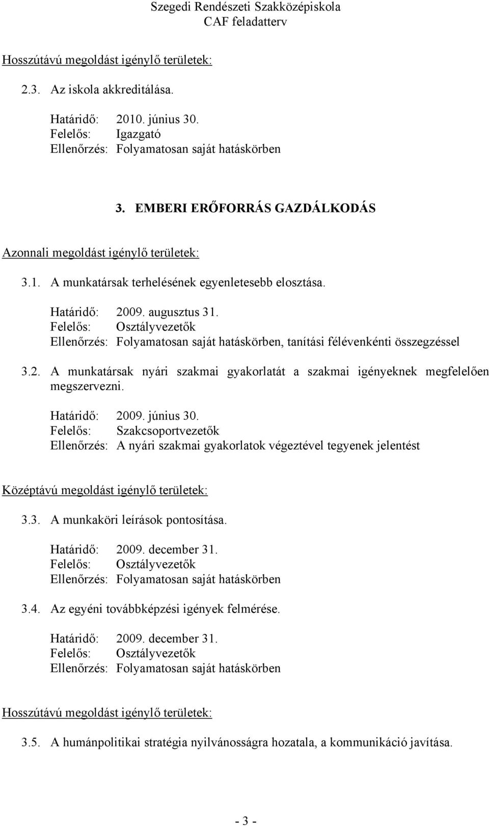 Határidő: 2009. június 30. Felelős: Szakcsoportvezetők Ellenőrzés: A nyári szakmai gyakorlatok végeztével tegyenek jelentést 3.3. A munkaköri leírások pontosítása.