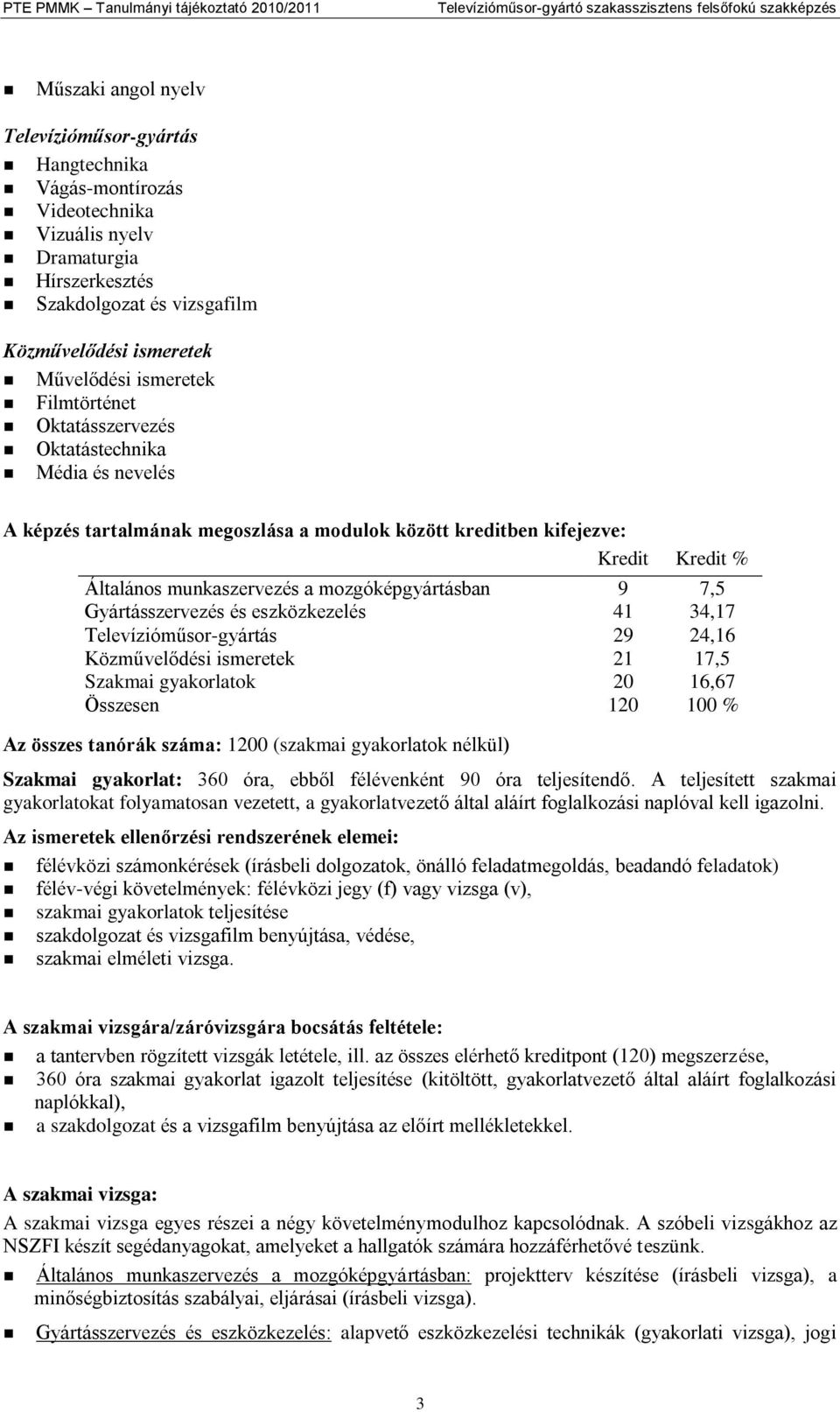 mozgóképgyártásban 9 7,5 Gyártásszervezés és eszközkezelés 41 34,17 Televízióműsor-gyártás 29 24,16 Közművelődési ismeretek 21 17,5 Szakmai gyakorlatok 20 16,67 Összesen 120 100 % Az összes tanórák