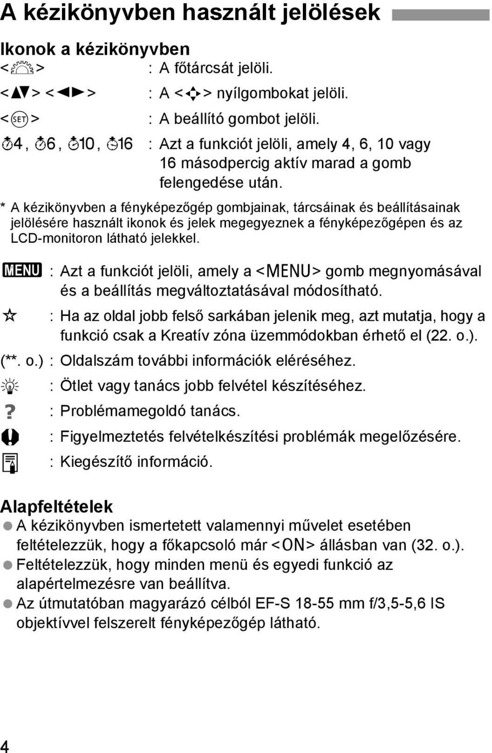 * A kézikönyvben a fényképezőgép gombjainak, tárcsáinak és beállításainak jelölésére használt ikonok és jelek megegyeznek a fényképezőgépen és az LCD-monitoron látható jelekkel.