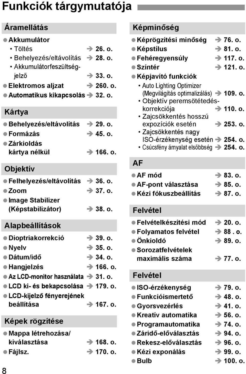 o. Hangjelzés 166. o. Az LCD-monitor használata 31. o. LCD ki- és bekapcsolása 179. o. LCD-kijelző fényerejének beállítása 167. o. Képek rögzítése Mappa létrehozása/ kiválasztása 168. o. Fájlsz. 170.