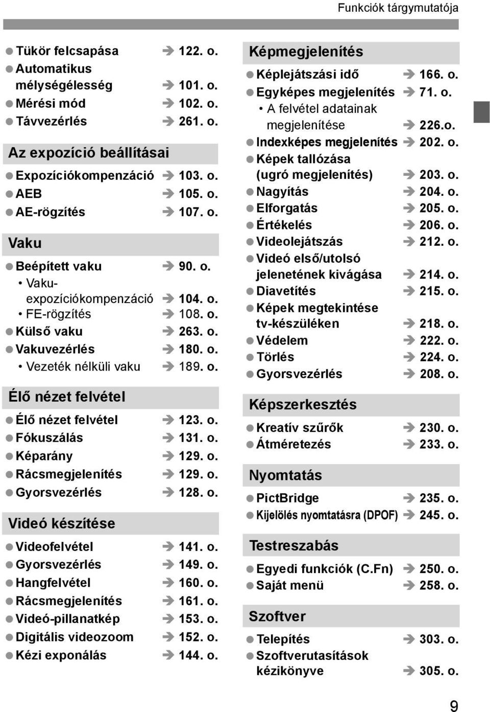 o. Képarány 129. o. Rácsmegjelenítés 129. o. Gyorsvezérlés 128. o. Videó készítése Videofelvétel 141. o. Gyorsvezérlés 149. o. Hangfelvétel 160. o. Rácsmegjelenítés 161. o. Videó-pillanatkép 153. o. Digitális videozoom 152.