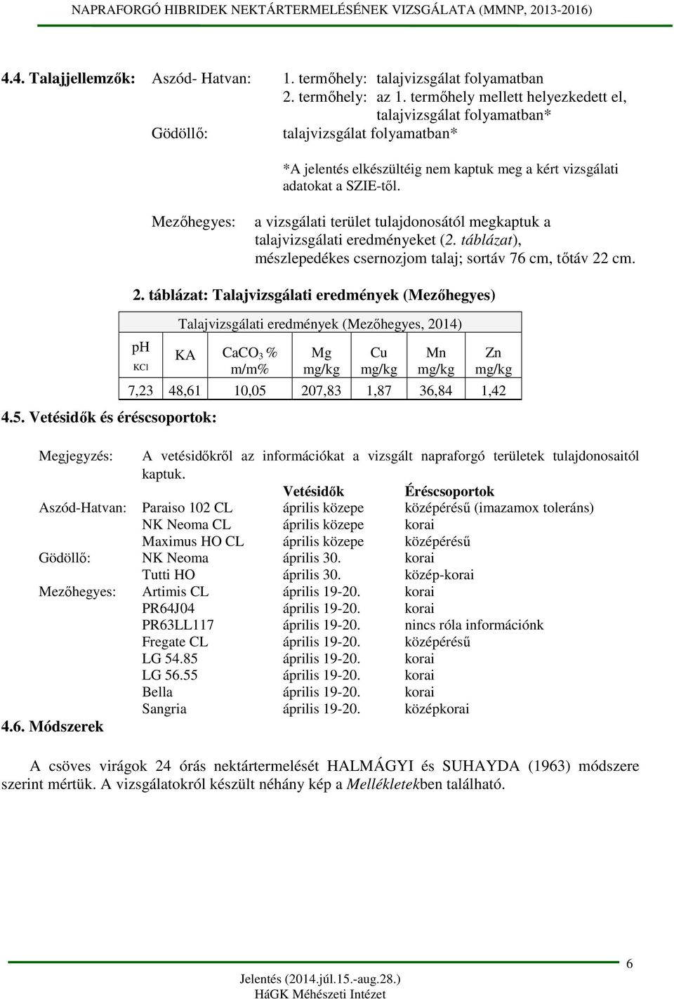 Mezőhegyes: a vizsgálati terület tulajdonosától megkaptuk a talajvizsgálati eredményeket (2. táblázat), mészlepedékes csernozjom talaj; sortáv 76 cm, tőtáv 22