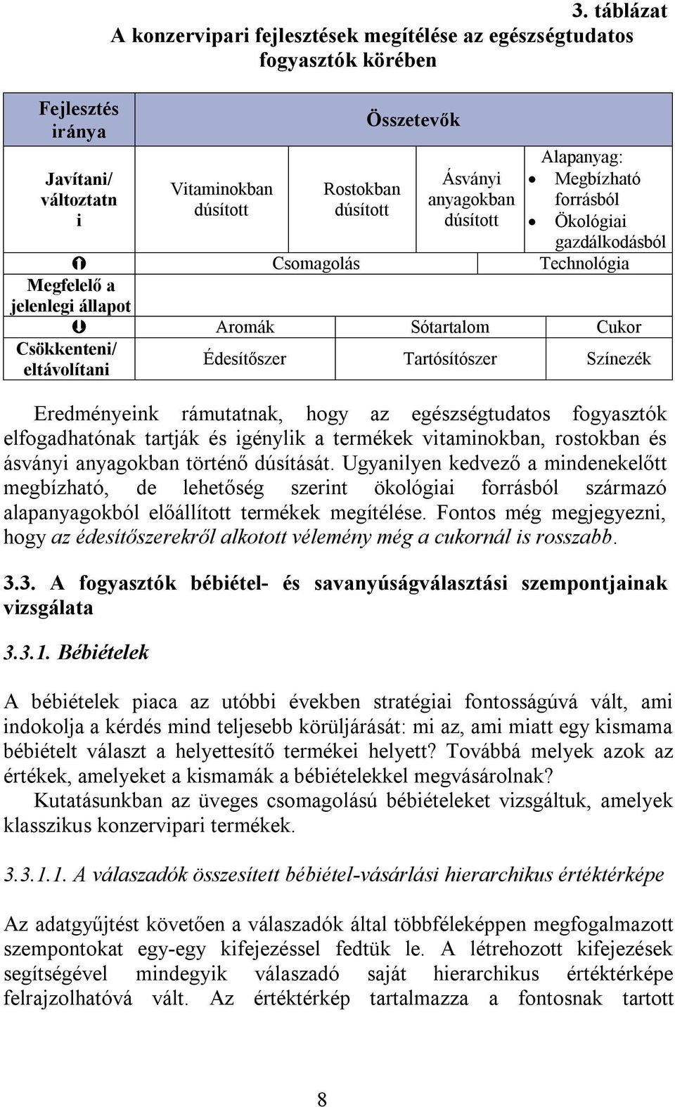 Ökológiai gazdálkodásból Csomagolás Technológia Megfelelő a jelenlegi állapot Aromák Sótartalom Cukor Csökkenteni/ eltávolítani Édesítőszer Tartósítószer Színezék Eredményeink rámutatnak, hogy az