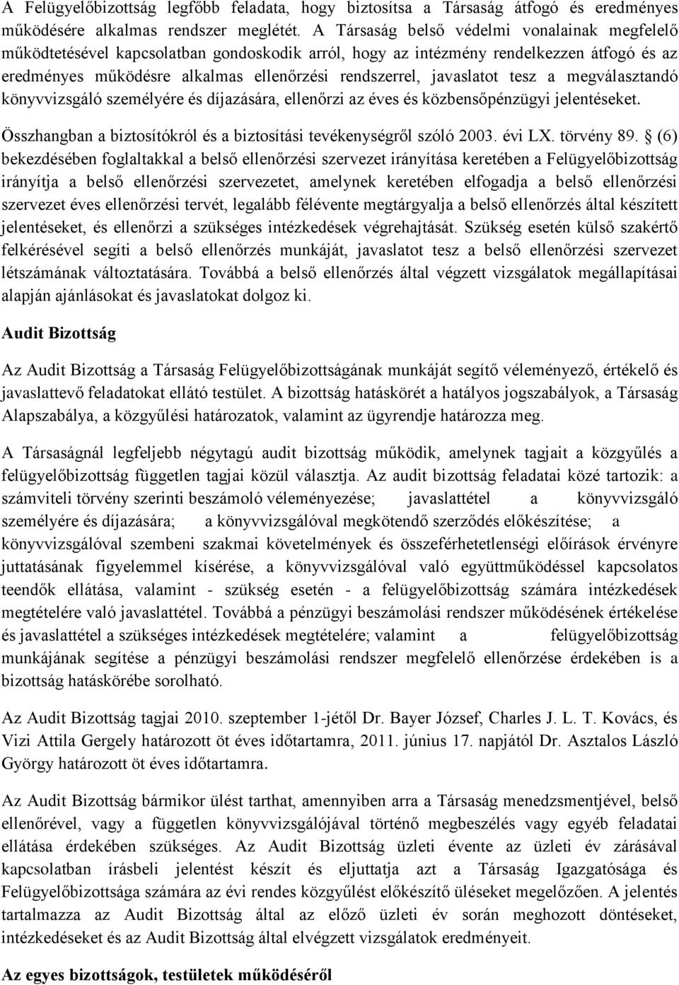 javaslatot tesz a megválasztandó könyvvizsgáló személyére és díjazására, ellenőrzi az éves és közbensőpénzügyi jelentéseket. Összhangban a biztosítókról és a biztosítási tevékenységről szóló 2003.