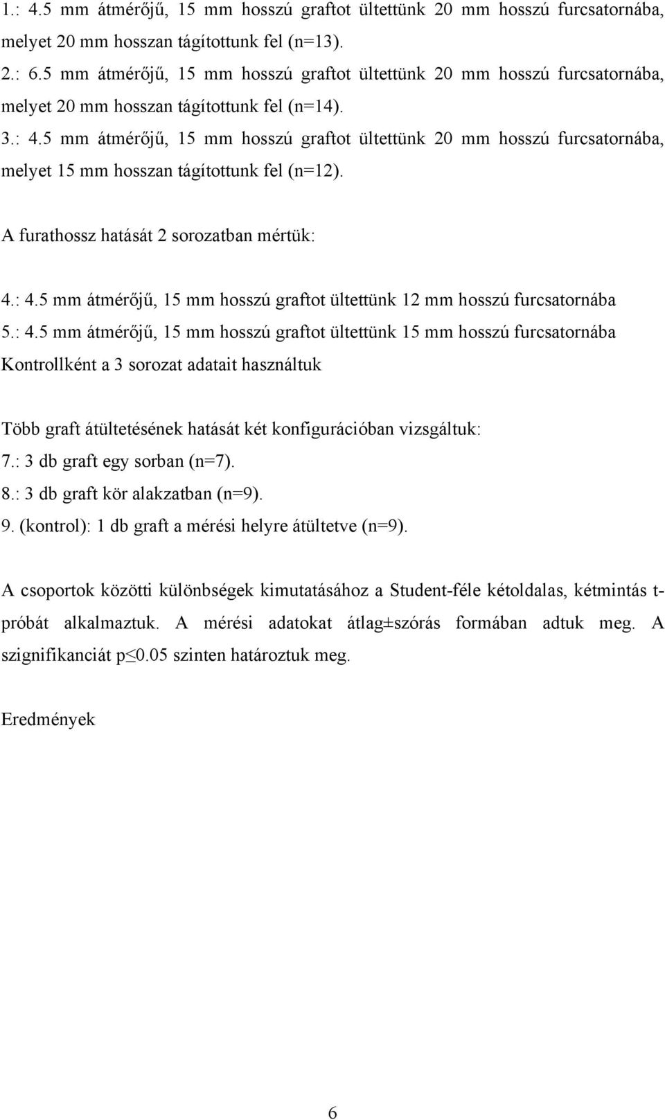 5 mm átmérőjű, 15 mm hosszú graftot ültettünk 20 mm hosszú furcsatornába, melyet 15 mm hosszan tágítottunk fel (n=12). A furathossz hatását 2 sorozatban mértük: 4.