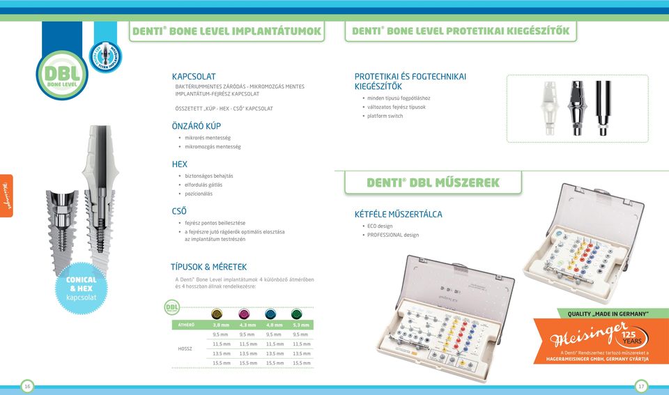 pozícionálás DENTI DBL MŰSZEREK CSŐ fejrész pontos beillesztése a fejrészre jutó rágóerők optimális elosztása az implantátum testrészén KÉTFÉLE MŰSZERTÁLCA ECO design PROFESSIONAL design CONICAL &