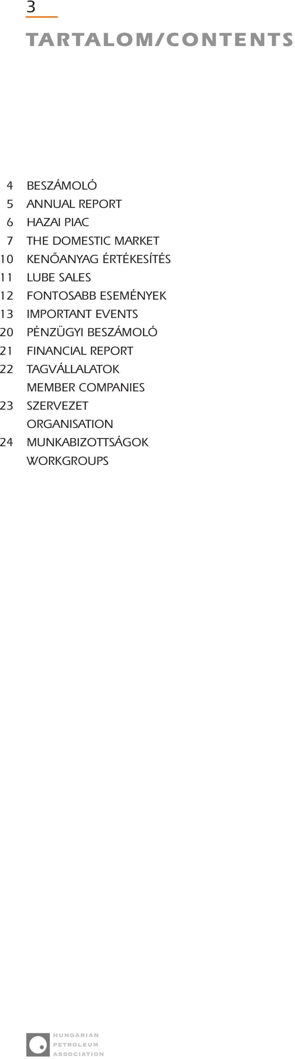 ESEMÉNYEK 13 IMPORTANT EVENTS 20 PÉNZÜGYI BESZÁMOLÓ 21 FINANCIAL REPORT 22