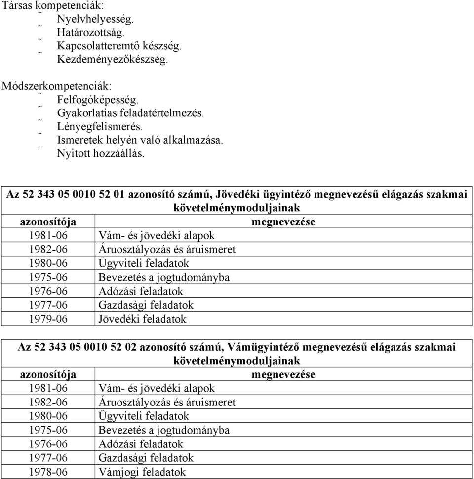 Az 52 343 05 0010 52 01 azonosító számú, Jövedéki ügyintéző megnevezésű elágazás szakmai követelménymoduljainak azonosítója megnevezése 1981-06 Vám- és jövedéki alapok 1982-06 Áruosztályozás és