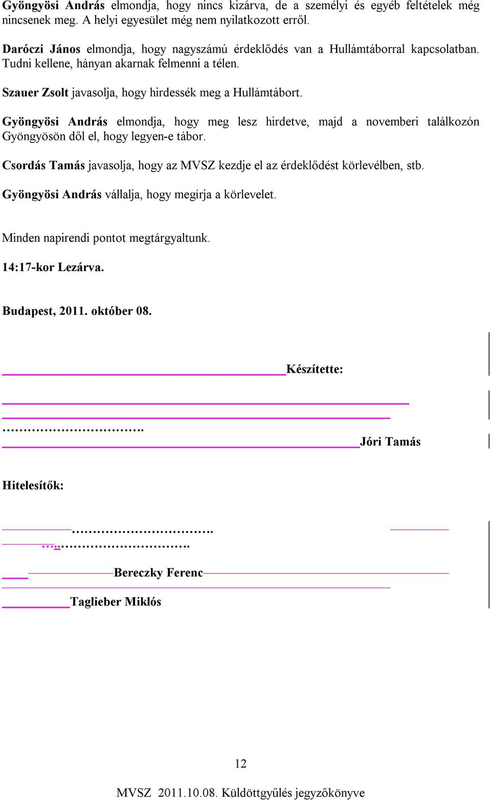 Szauer Zsolt javasolja, hogy hirdessék meg a Hullámtábort. Gyöngyösi András elmondja, hogy meg lesz hirdetve, majd a novemberi találkozón Gyöngyösön dől el, hogy legyen-e tábor.