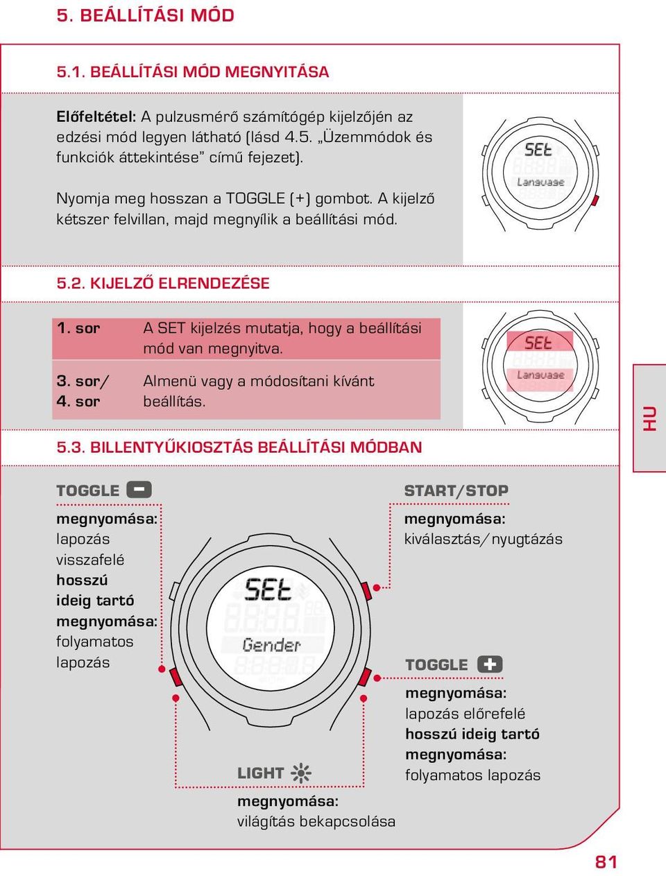 sor A SET kijelzés mutatja, hogy a beállítási mód van megnyitva. 3.