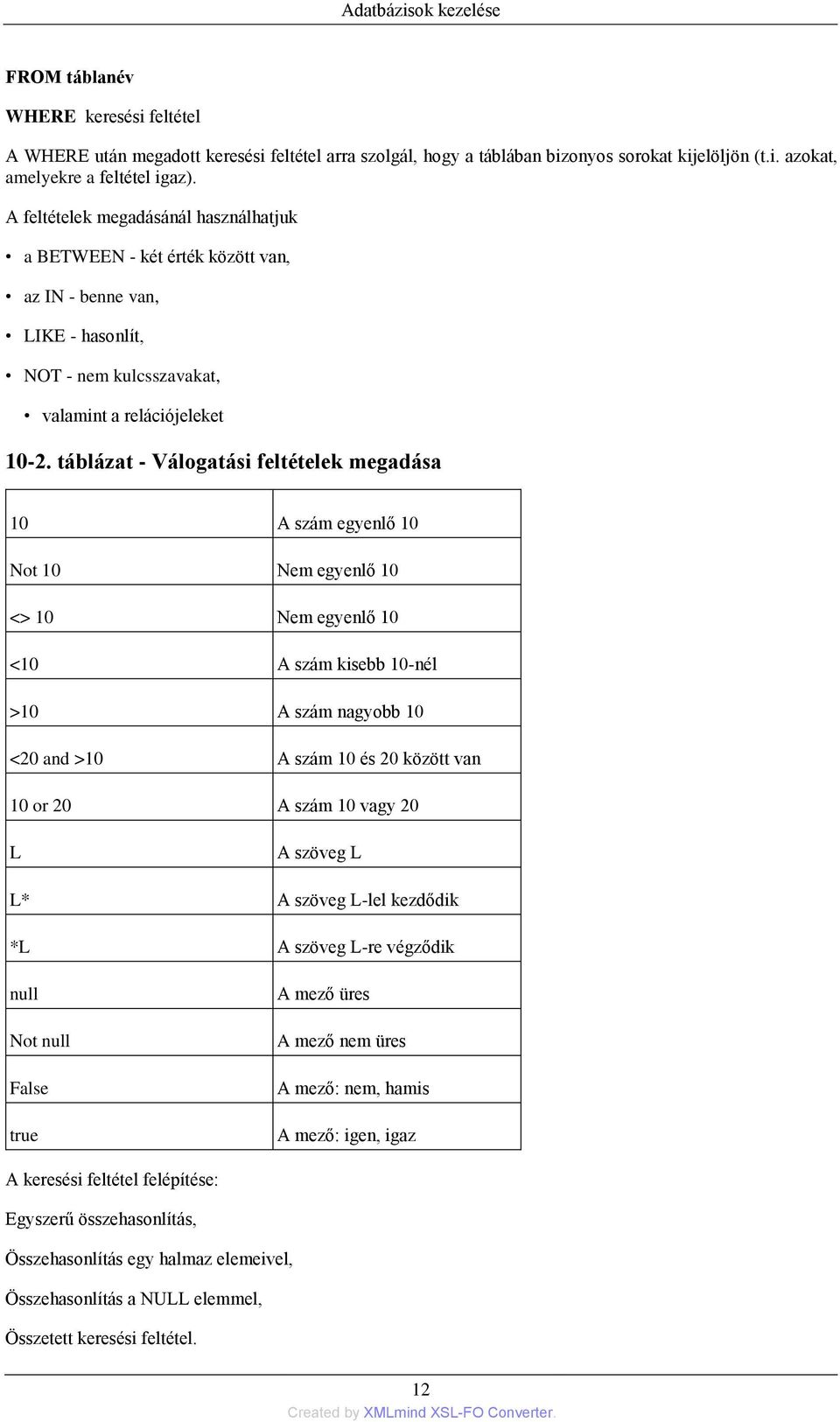 táblázat - Válogatási feltételek megadása 10 A szám egyenlő 10 Not 10 Nem egyenlő 10 <> 10 Nem egyenlő 10 <10 A szám kisebb 10-nél >10 A szám nagyobb 10 <20 and >10 A szám 10 és 20 között van 10 or