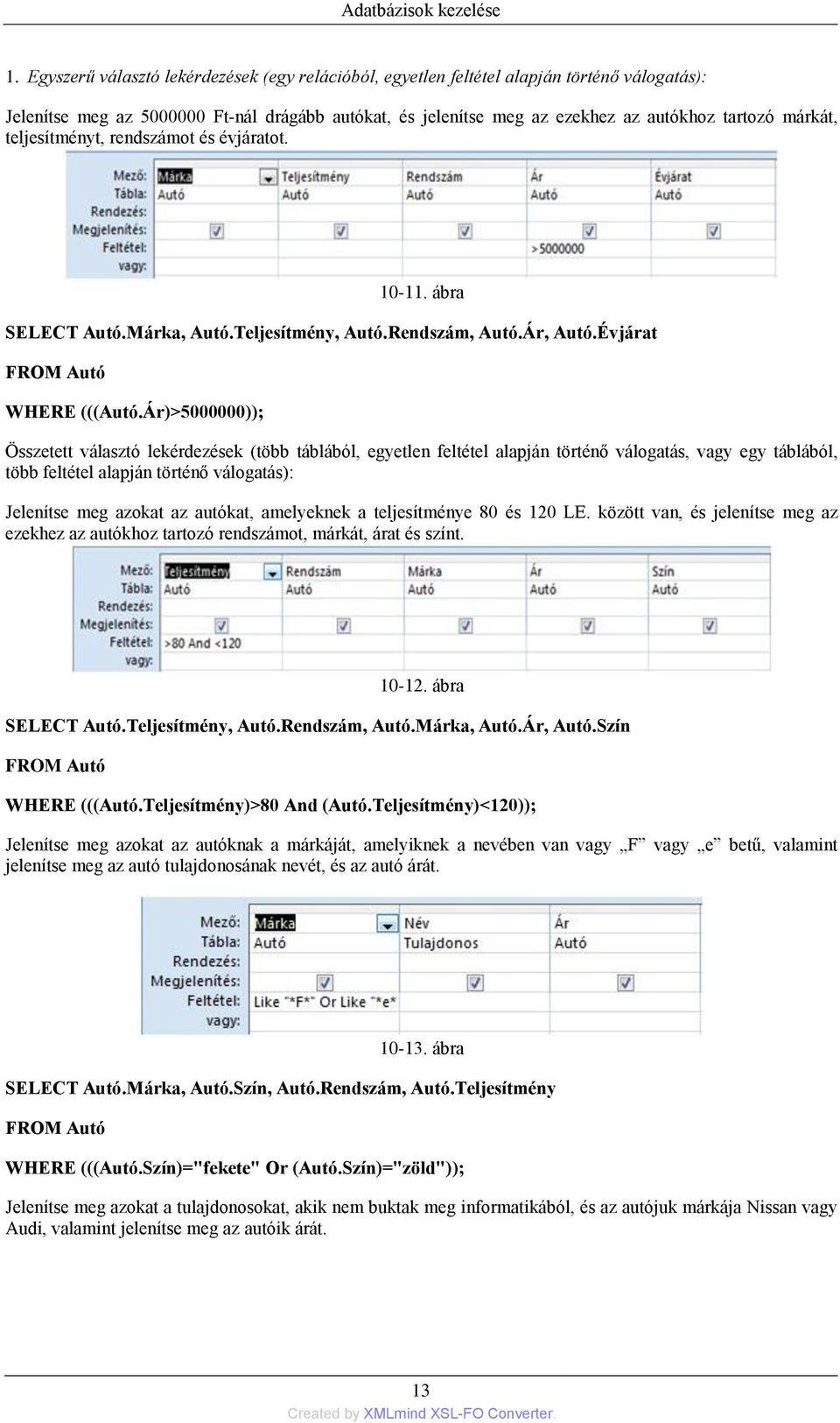 Ár)>5000000)); Összetett választó lekérdezések (több táblából, egyetlen feltétel alapján történő válogatás, vagy egy táblából, több feltétel alapján történő válogatás): Jelenítse meg azokat az