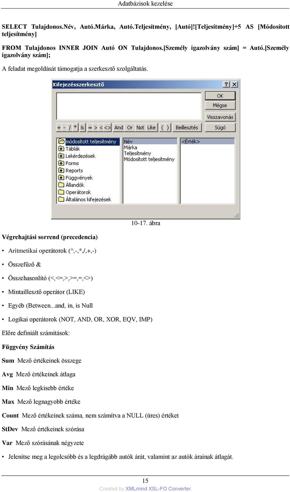 ábra Végrehajtási sorrend (precedencia) Aritmetikai operátorok (^,-,*,/,+,-) Összefűző & Összehasonlító (<,<=,>,>=,=,<>) Mintaillesztő operátor (LIKE) Egyéb (Between.