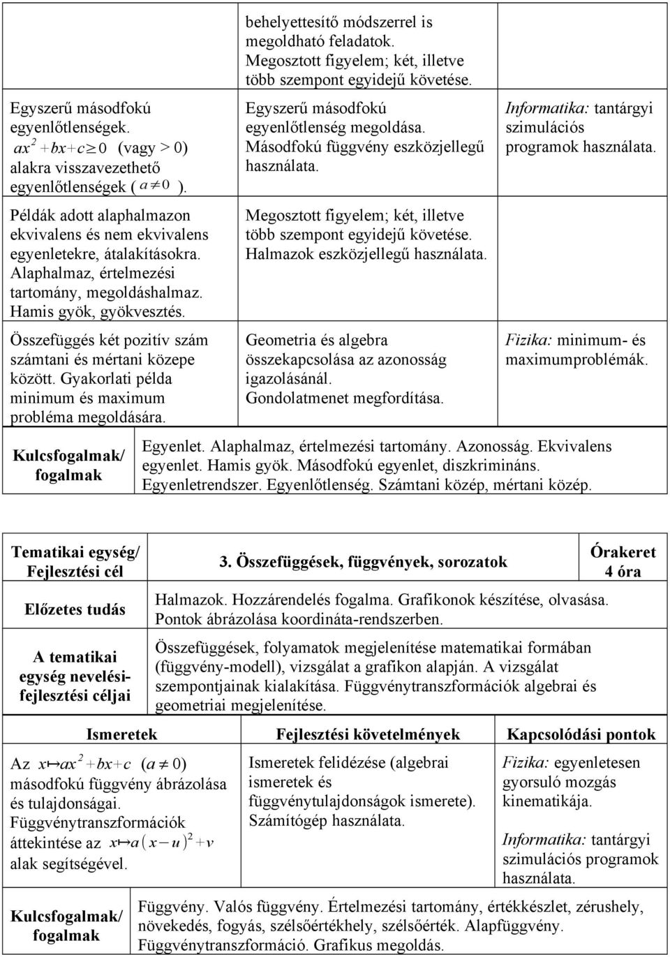 Kulcsfogalmak/ fogalmak behelyettesítő módszerrel is megoldható feladatok. Megosztott figyelem; két, illetve több szempont egyidejű követése. Egyszerű másodfokú egyenlőtlenség megoldása.