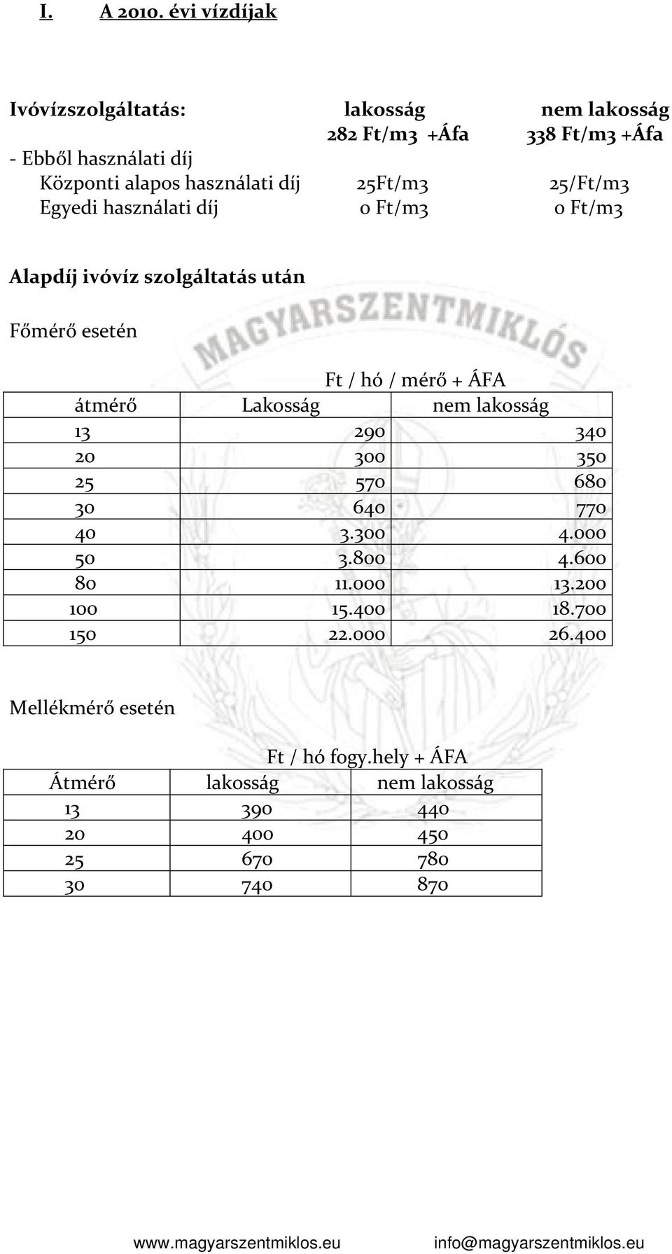 díj 25Ft/m3 25/Ft/m3 Egyedi használati díj 0 Ft/m3 0 Ft/m3 Alapdíj ivóvíz szolgáltatás után Főmérő esetén Ft / hó / mérő + ÁFA átmérő