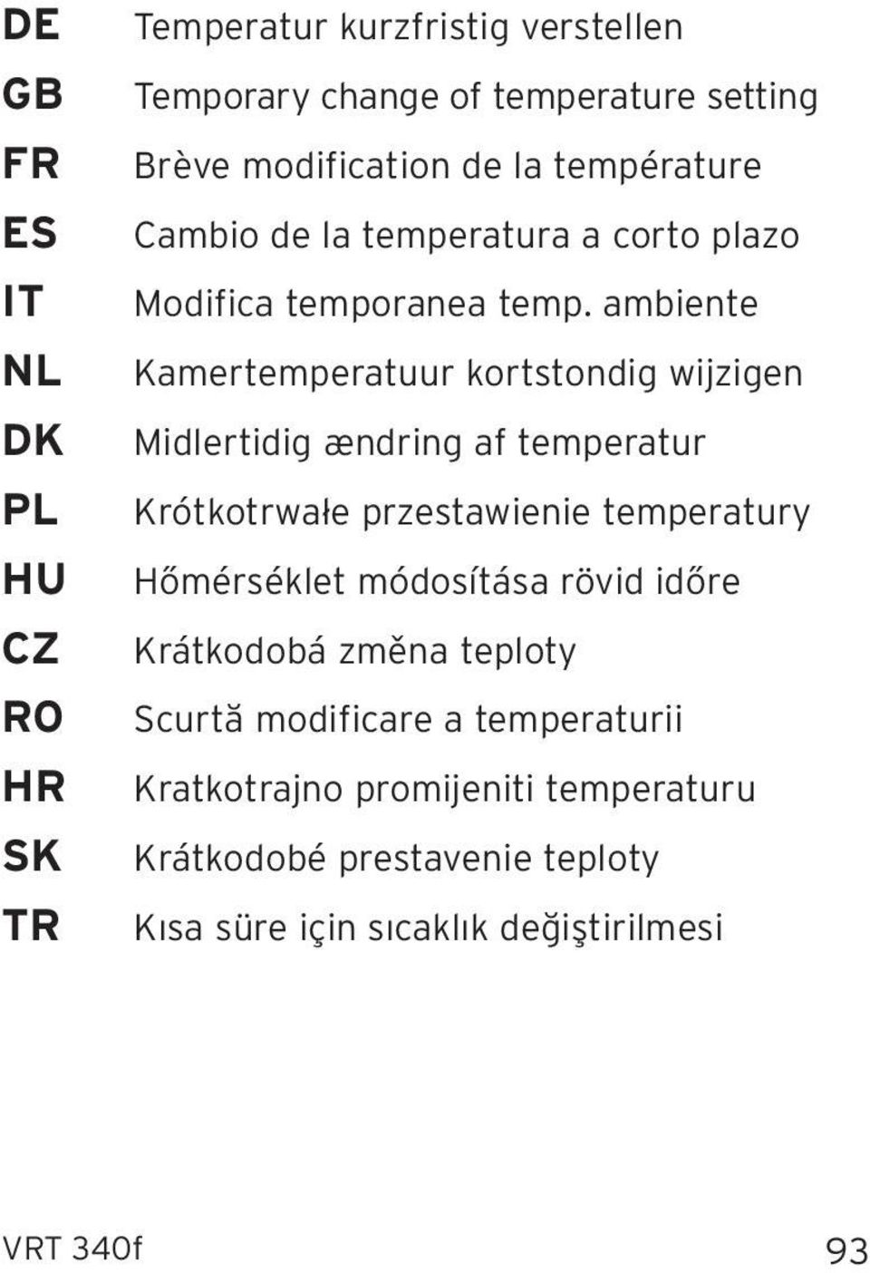 ambiente Kamertemperatuur kortstondig wijzigen Midlertidig ændring af temperatur Krótkotrwałe przestawienie temperatury Hőmérséklet