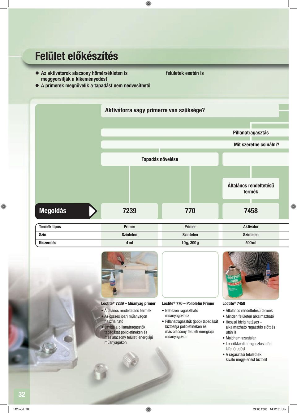 Tapadás növelése Általános rendeltetésű termék Megoldás 7239 770 7458 Termék tipus Primer Primer Aktivátor Szín Színtelen Színtelen Színtelen Kiszerelés 4 ml 10 g, 300 g 500 ml Loctite 7239 Műanyag