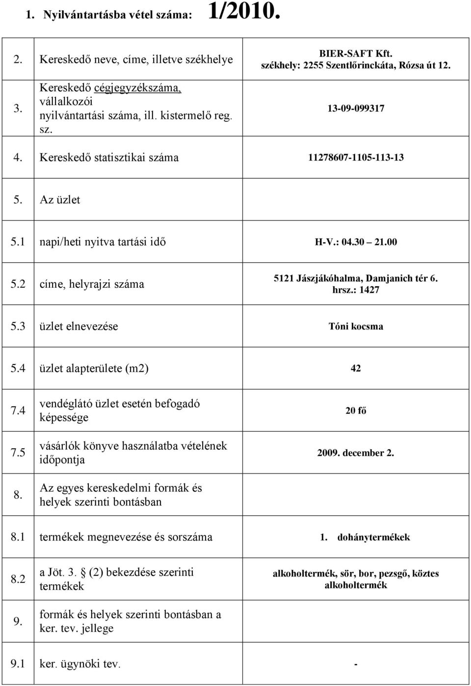 30 21.00 5.2 címe, helyrajzi száma 5121 Jászjákóhalma, Damjanich tér 6. hrsz.: 1427 5.3 üzlet elnevezése Tóni kocsma 5.4 üzlet alapterülete (m2) 42 7.4 7.5 8.