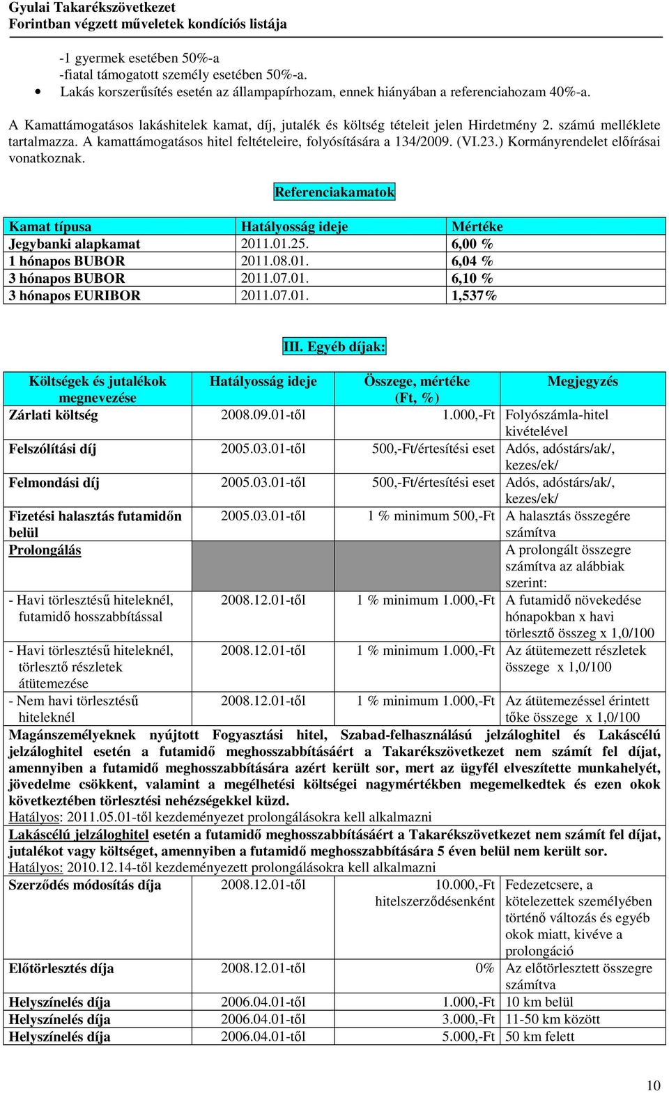 ) Kormányrendelet elıírásai vonatkoznak. Referenciakamatok Kamat típusa Hatályosság ideje Mértéke Jegybanki alapkamat 2011.01.25. 6,00 % 1 hónapos BUBOR 2011.08.01. 6,04 % 3 hónapos BUBOR 2011.07.01. 6,10 % 3 hónapos EURIBOR 2011.