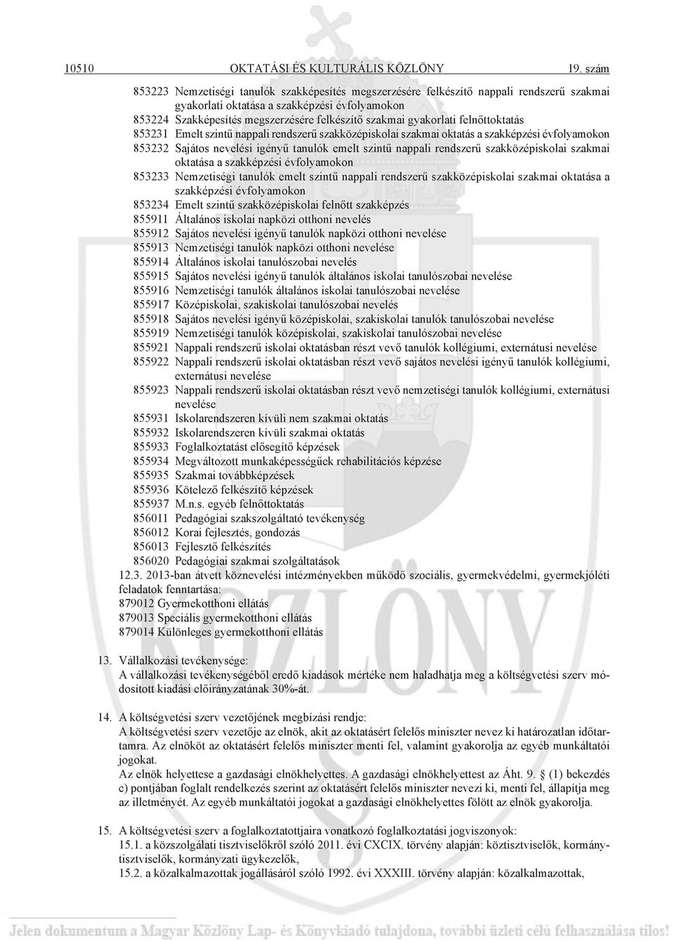 gyakorlati felnőttoktatás 853231 Emelt szintű nappali rendszerű szakközépiskolai szakmai oktatás a szakképzési évfolyamokon 853232 Sajátos nevelési igényű tanulók emelt szintű nappali rendszerű