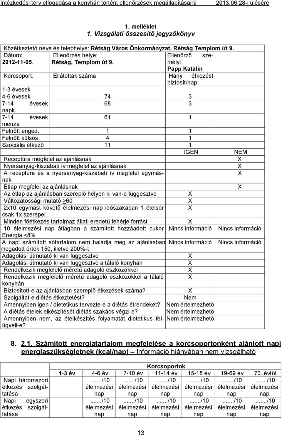 1 1 Felnőtt külsős 4 1 Szociális étkező 11 1 IGEN Receptúra felel az ajánlásnak Nyersanyag-kiszabati ív felel az ajánlásnak A receptúra és a nyersanyag-kiszabati ív felel egymásnak Étlap felel az