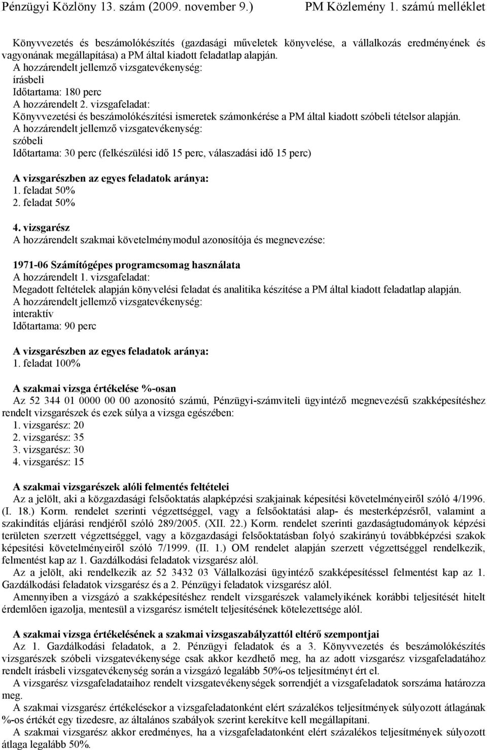 vizsgafeladat: Könyvvezetési és beszámolókészítési ismeretek számonkérése a PM által kiadott szóbeli tételsor alapján.