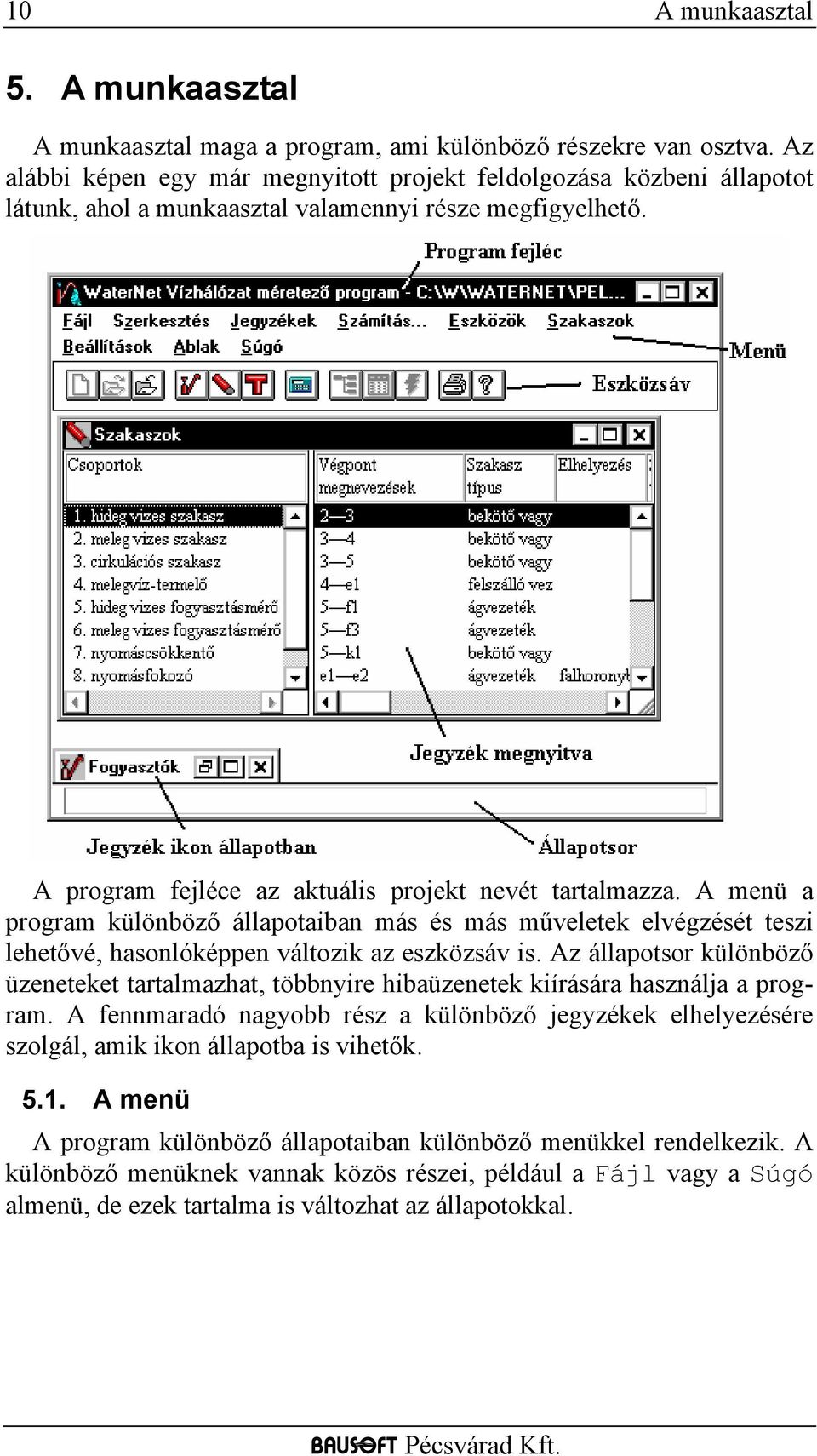 A menü a program különböző állapotaiban más és más műveletek elvégzését teszi lehetővé, hasonlóképpen változik az eszközsáv is.