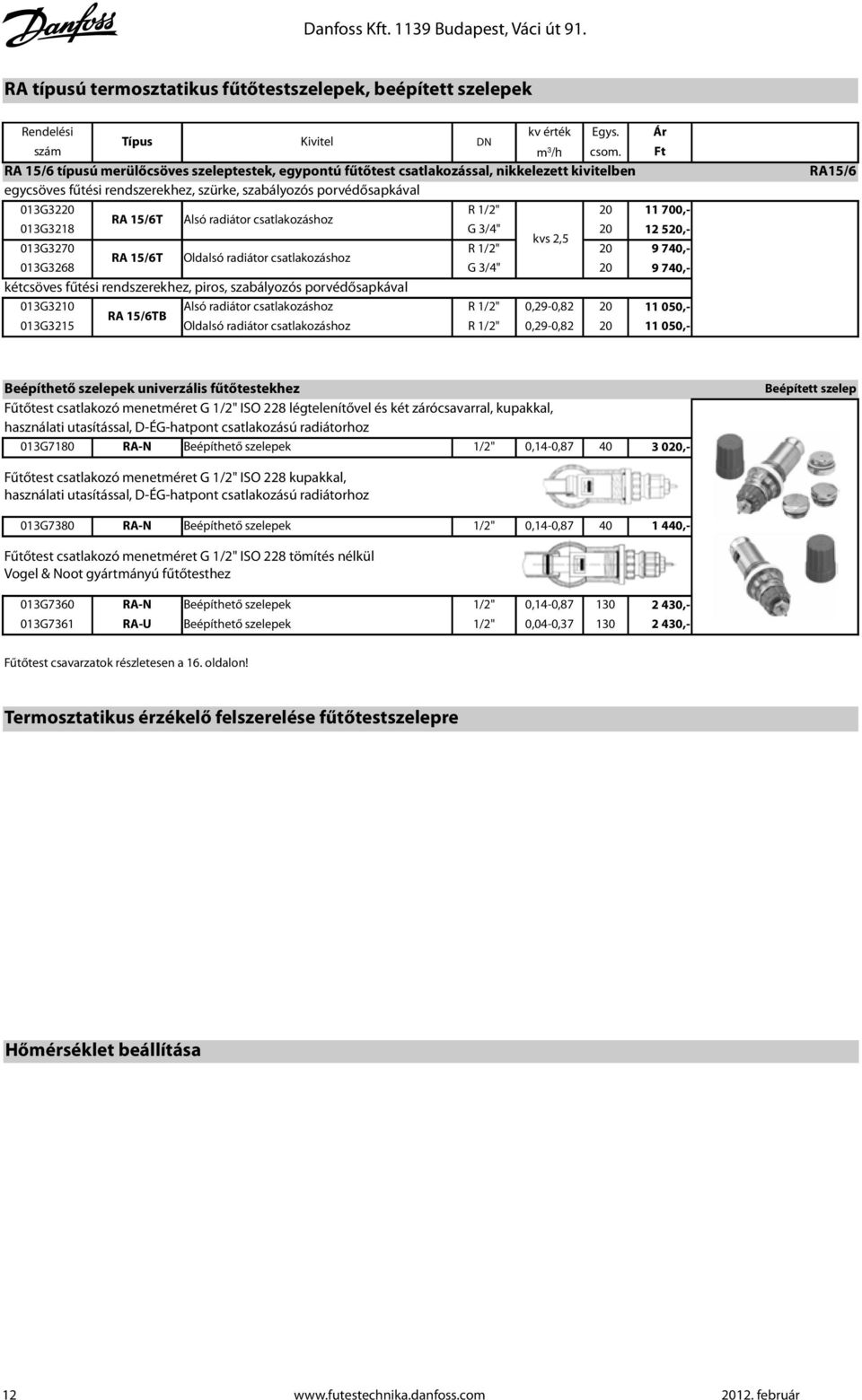 radiátor csatlakozáshoz 013G3218 G 3/4" 20 kvs 2,5 013G3270 R 1/2" 20 RA 15/6T Oldalsó radiátor csatlakozáshoz 013G3268 G 3/4" 20 kétcsöves fűtési rendszerekhez, piros, szabályozós porvédősapkával