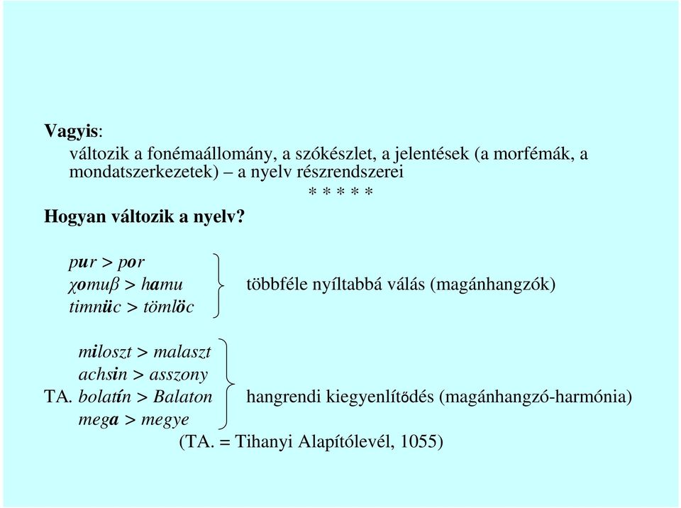 pur > por χomuβ > hamu timnüc > tömlöc többféle nyíltabbá válás (magánhangzók) miloszt > malaszt