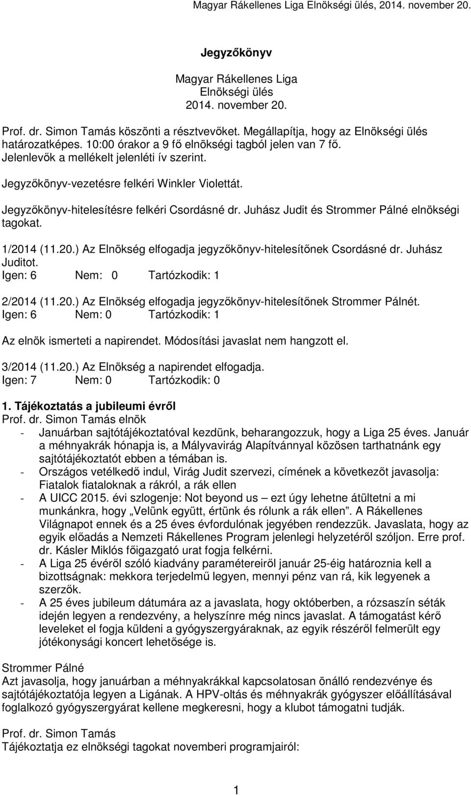 1/2014 (11.20.) Az Elnökség elfogadja jegyzőkönyv-hitelesítőnek Csordásné dr. Juhász Juditot. Igen: 6 Nem: 0 Tartózkodik: 1 2/2014 (11.20.) Az Elnökség elfogadja jegyzőkönyv-hitelesítőnek Strommer Pálnét.