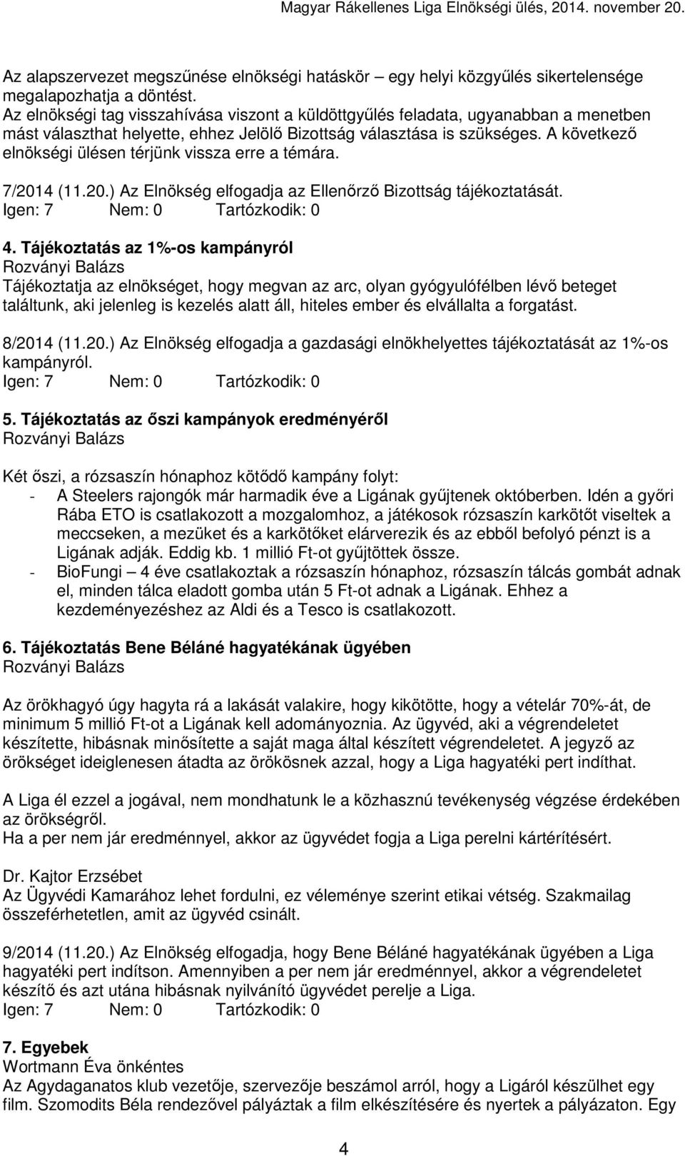 A következő elnökségi ülésen térjünk vissza erre a témára. 7/2014 (11.20.) Az Elnökség elfogadja az Ellenőrző Bizottság tájékoztatását. 4.