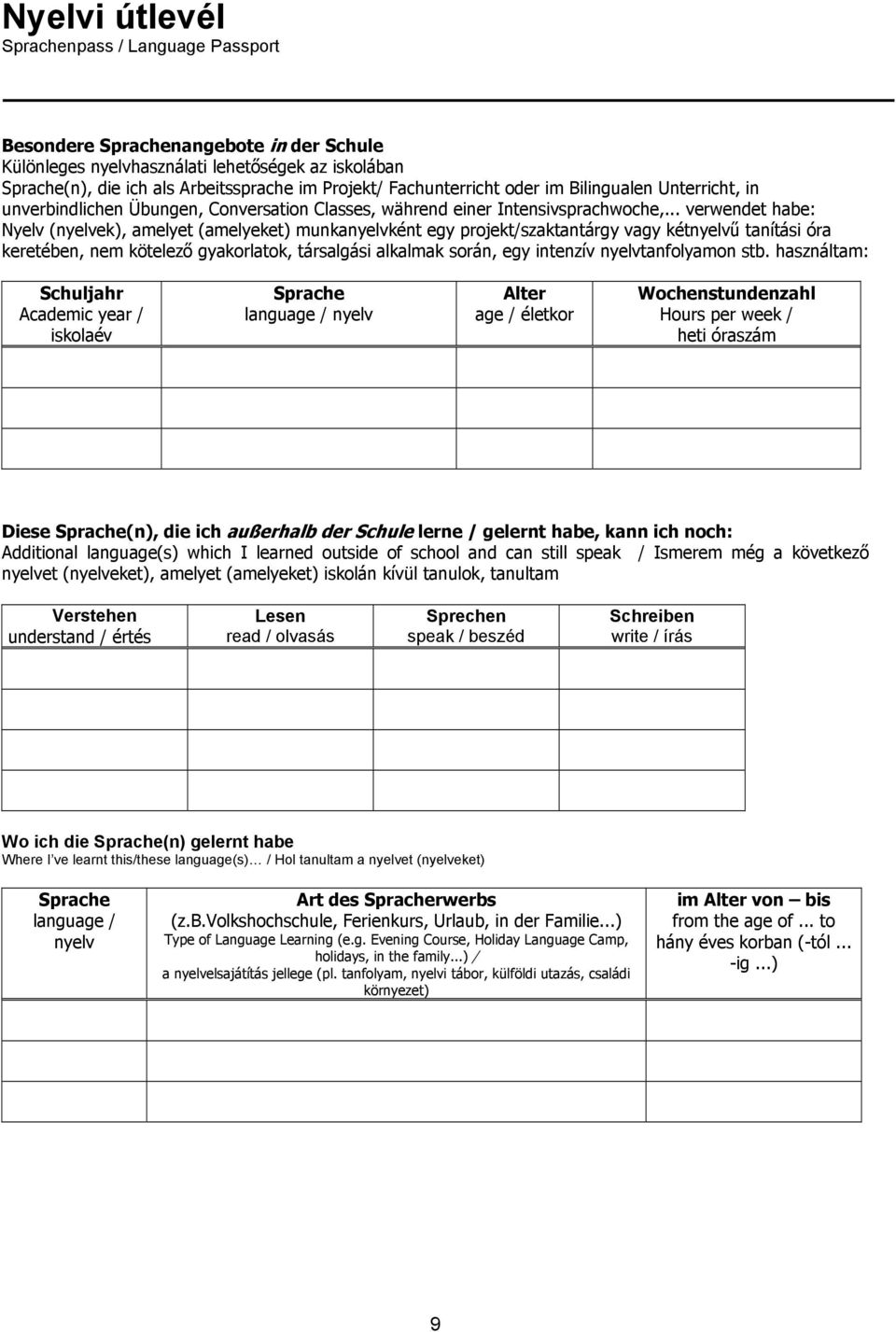 .. verwendet habe: yelv (nyelvek), amelyet (amelyeket) munkanyelvként egy projekt/szaktantárgy vagy kétnyelvű tanítási óra keretében, nem kötelező gyakorlatok, társalgási alkalmak során, egy intenzív