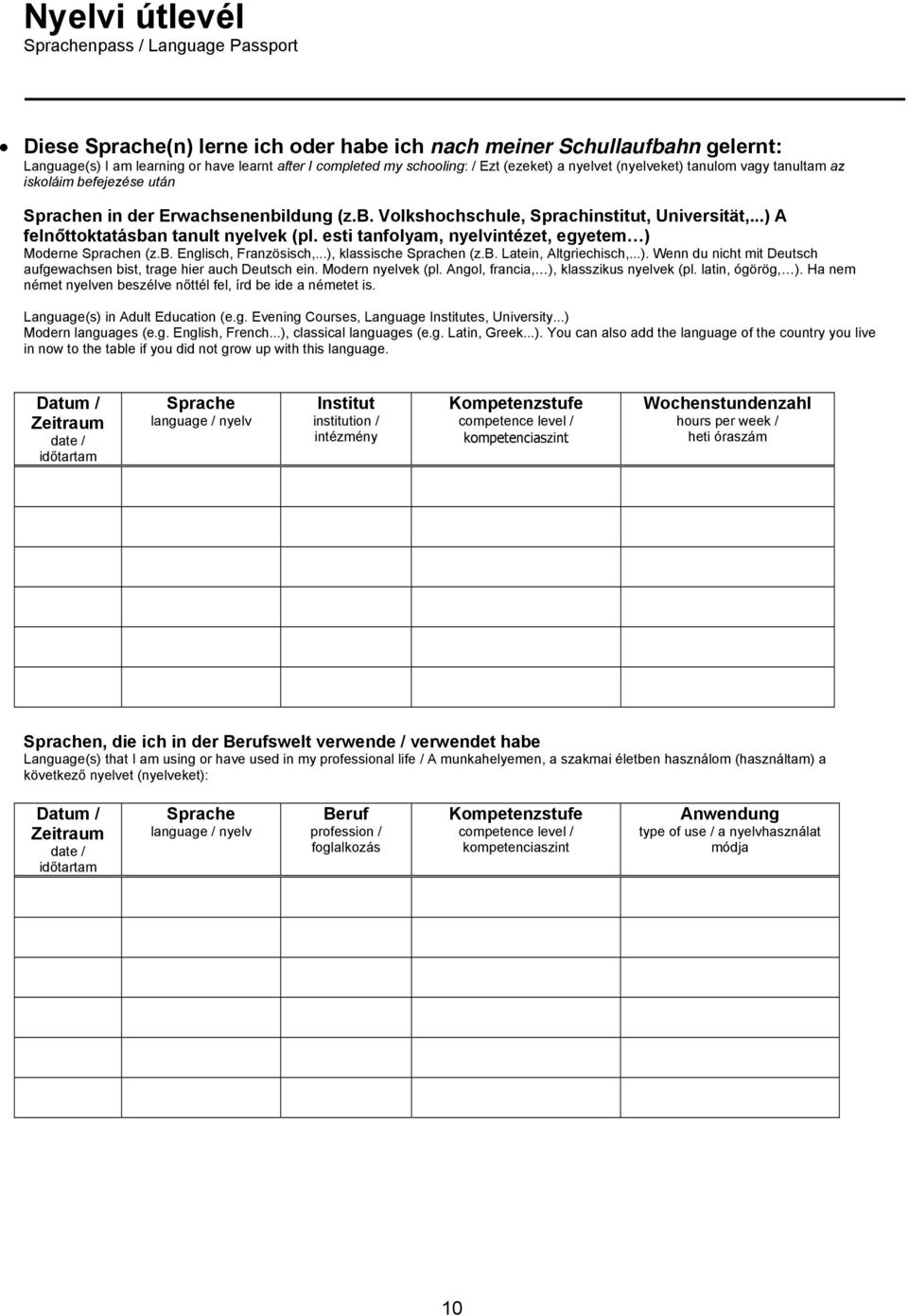 esti tanfolyam, nyelvintézet, egyetem ) Moderne prachen (z.b. nglisch, Französisch,...), klassische prachen (z.b. Latein, Altgriechisch,...). Wenn du nicht mit Deutsch aufgewachsen bist, trage hier auch Deutsch ein.