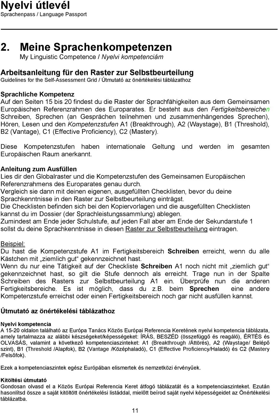 r besteht aus den Fertigkeitsbereichen chreiben, prechen (an Gesprächen teilnehmen und zusammenhängendes prechen), Hören, Lesen und den Kompetenzstufen A1 (Breakthrough), A2 (Waystage), B1