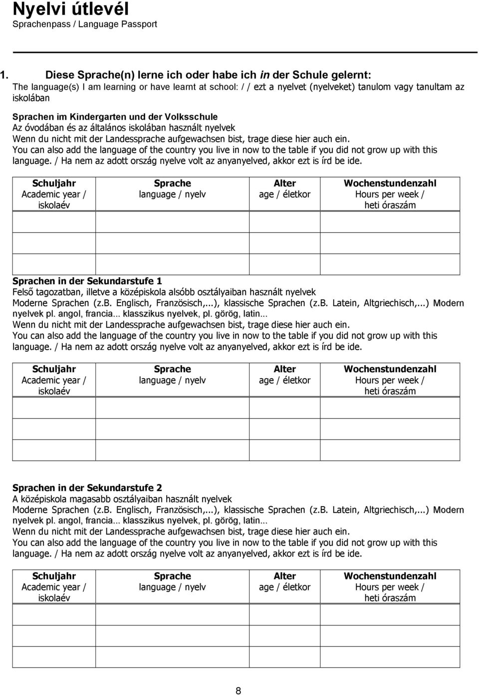 You can also add the language of the country you live in now to the table if you did not grow up with this language. / Ha nem az adott ország nyelve volt az anyanyelved, akkor ezt is írd be ide.