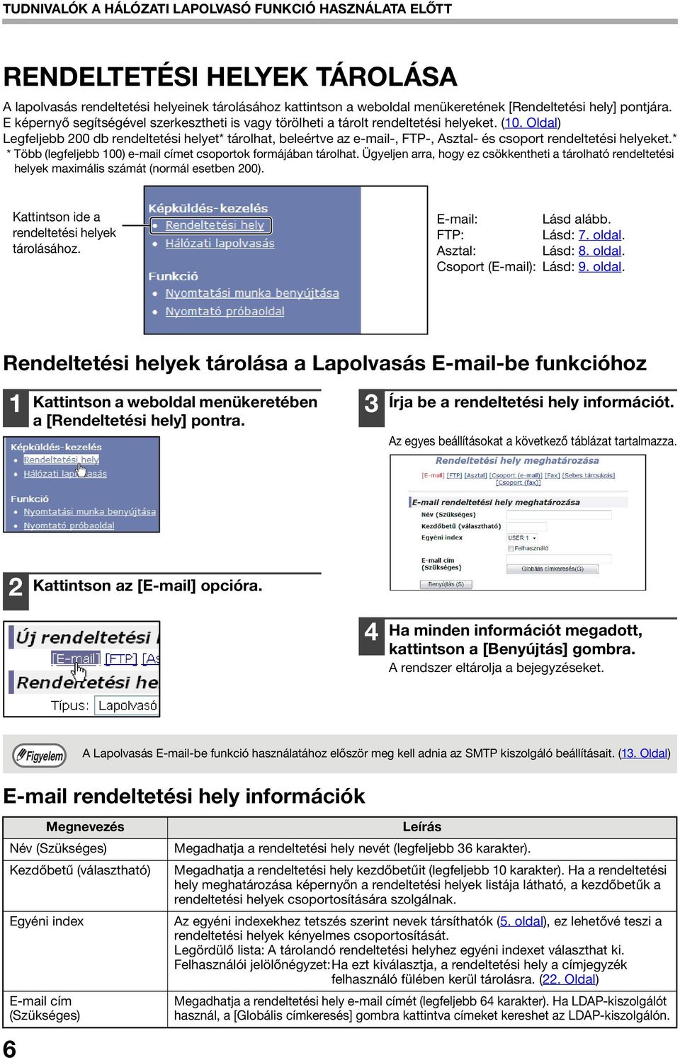 Oldal) Legfeljebb 00 db rendeltetési helyet* tárolhat, beleértve az e-mail-, FTP-, Asztal- és csoport rendeltetési helyeket.* * Több (legfeljebb 00) e-mail címet csoportok formájában tárolhat.