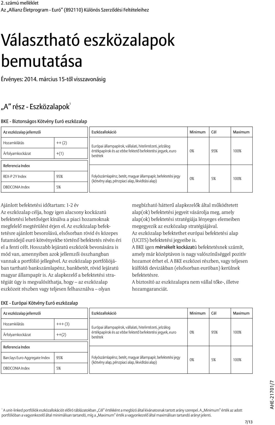 Referencia Index REX-P 2Y Index 95% DBDCONIA Index 5% Európai állampapírok, vállalati, hitelintézeti, jelzálog értékpapírok és az ebbe fektetõ befektetési jegyek, euro betétek Folyószámlapénz, betét,