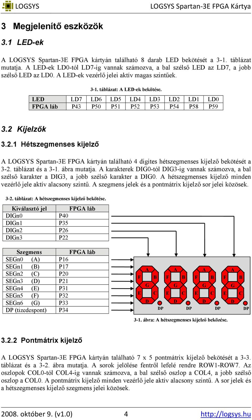LED LD7 LD6 LD5 LD4 LD3 LD2 LD1 LD0 FPGA láb P43 P50 P51 P52 P53 P54 P58 P59 3.2 Kijelzők 3.2.1 Hétszegmenses kijelző A LOGSYS Spartan-3E FPGA kártyán található 4 digites hétszegmenses kijelző bekötését a 3-2.