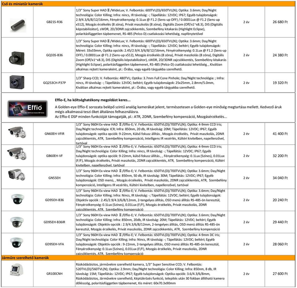 3), DIS (Digitális képstabilizátor), swdr, 2D/3DNR zajcsökkentés, Szembefény kitakarás (Highlight Eclipse), polaritásfüggetlen tápbemenet, RS-485 (Pelco-D) csatlakozási lehetőség, napfénytetővel