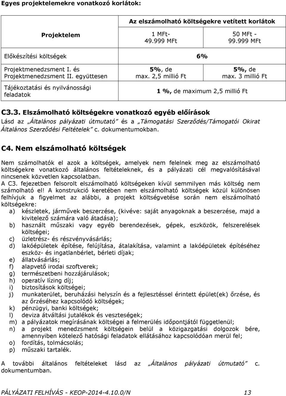 millió Ft Tájékoztatási és nyilvánossági feladatok 1 %, de maximum 2,5 millió Ft C3.