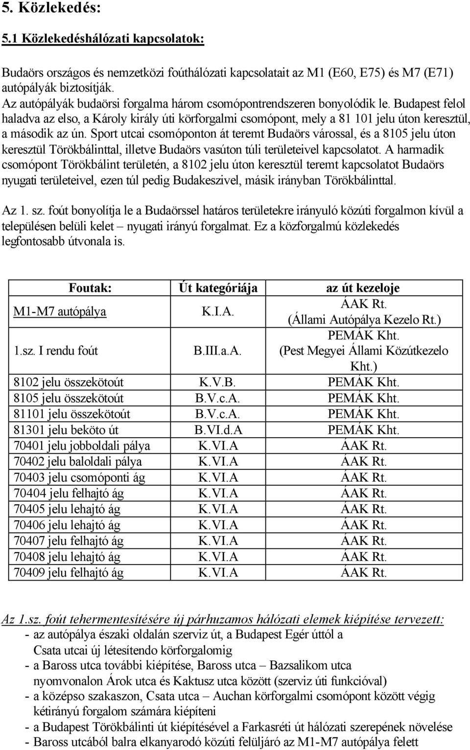 Sport utcai csomóponton át teremt Budaörs várossal, és a 8105 jelu úton keresztül Törökbálinttal, illetve Budaörs vasúton túli területeivel kapcsolatot.