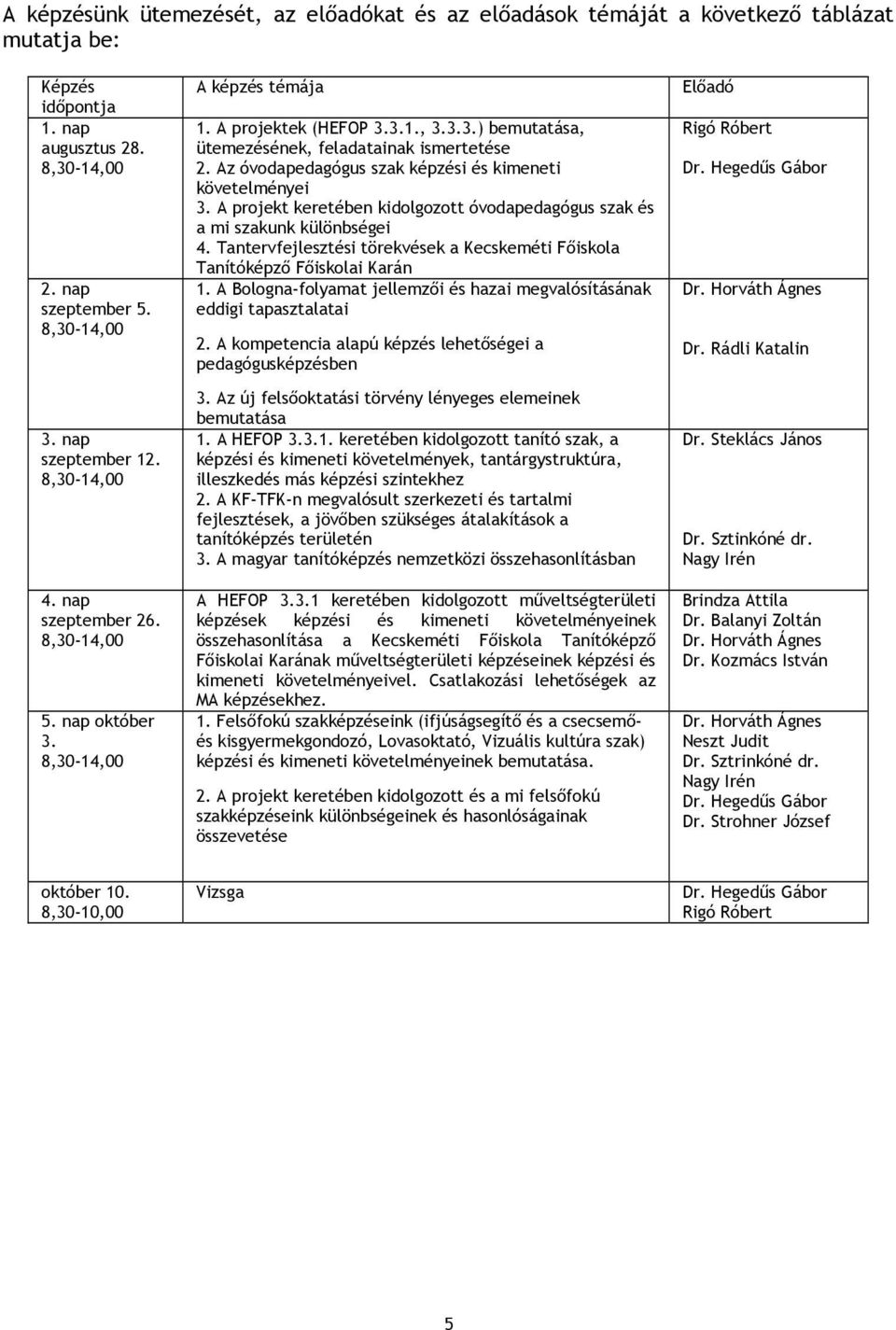 Az óvodapedagógus szak képzési és kimeneti követelményei 3. A projekt keretében kidolgozott óvodapedagógus szak és a mi szakunk különbségei 4.