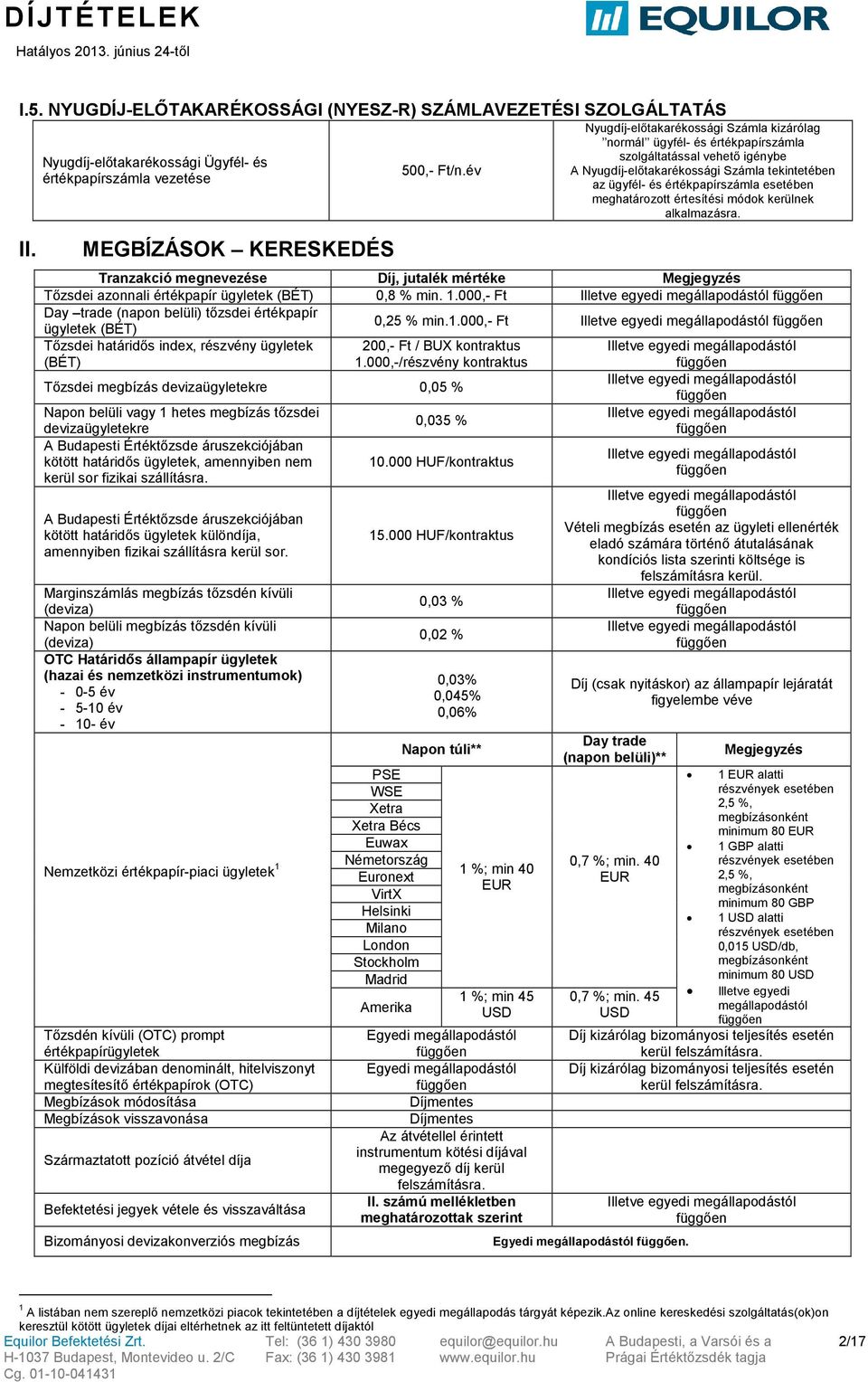 meghatározott értesítési módok kerülnek alkalmazásra. Tranzakció megnevezése Díj, mértéke Megjegyzés Tőzsdei azonnali értékpapír ügyletek (BÉT) 0,8 % min. 1.