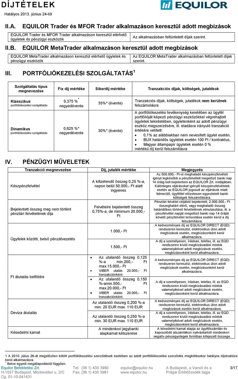 PORTFÓLIÓKEZELÉSI SZOLGÁLTATÁS 1 Az EQUILOR MetaTrader alkalmazásban feltüntetett díjak szerint.