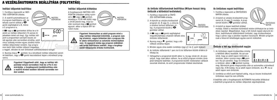 INDÍTÁSI SET WATERING START TIMES IDŐPONTOK A vagy a gombokkal állítsa be a kijelzőn az indítási időpontot (15 perces lépésekben teheti ezt meg).