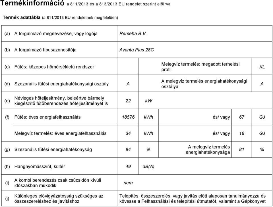 terelés energiahatékonysági osztálya A (e) Névleges hőteljesítény, beleértve bárely kiegészítő fűtőberendezés hőteljesítényét is 22 kw (f) Fűtés: éves energiafelhasználás 18576 kwh és/ vagy 67 GJ